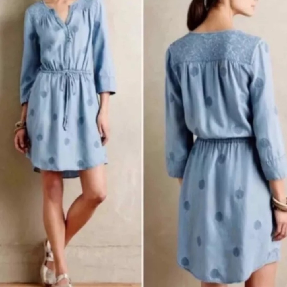 Anthropologie Holding Horses Plumage Embroidered Blue Chambray Dress Size Large